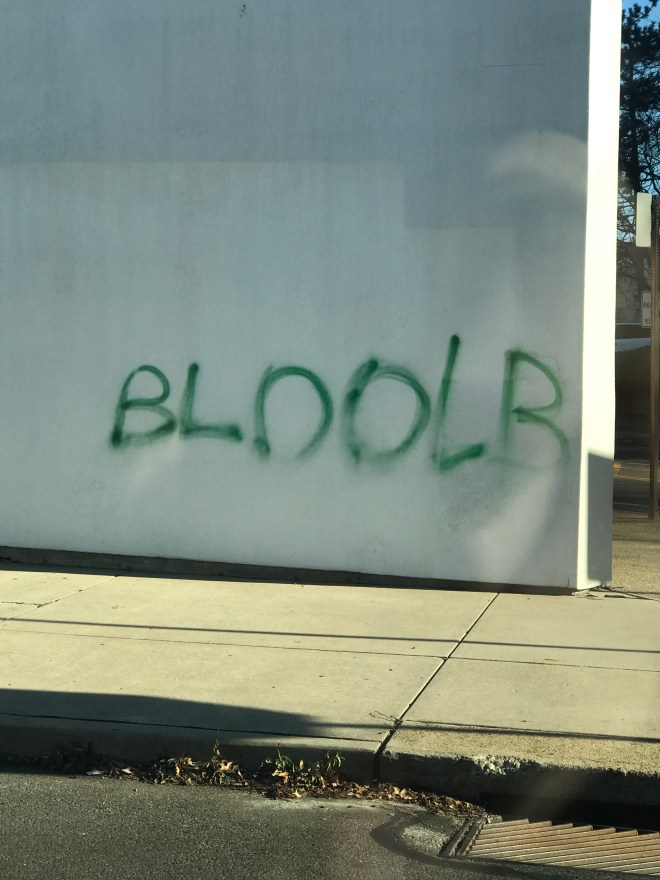 BLOOLB street art spray-painted on a white wall